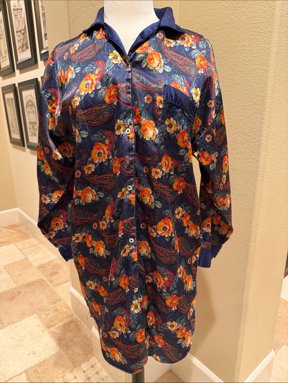 Navy Floral Paisley Satin Nightshirt - Women's Intimates